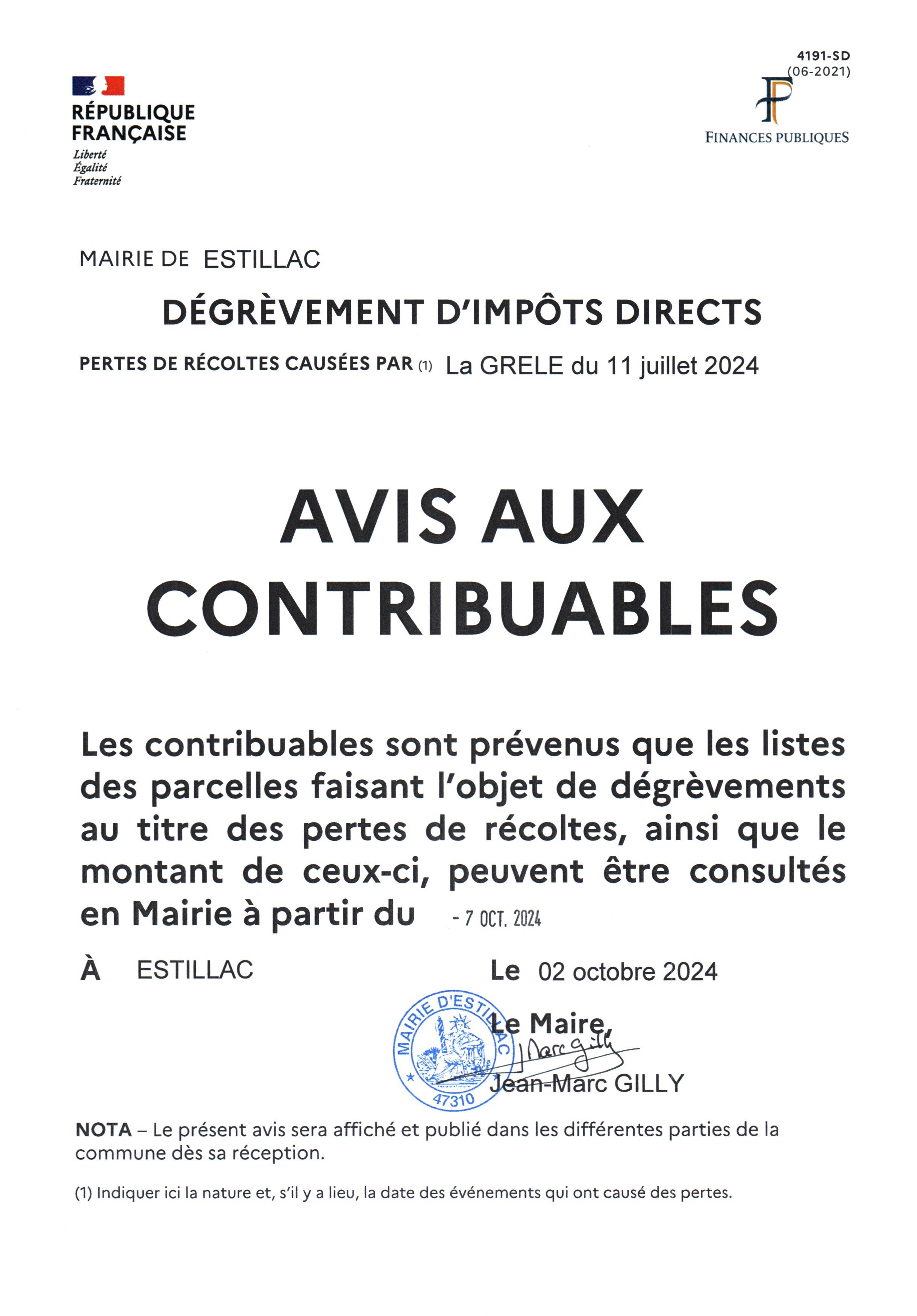 Avis aux contribuables : Dégrèvement d'impôts directs pour pertes de récoltes causées par la grêle du 11 juillet 2024